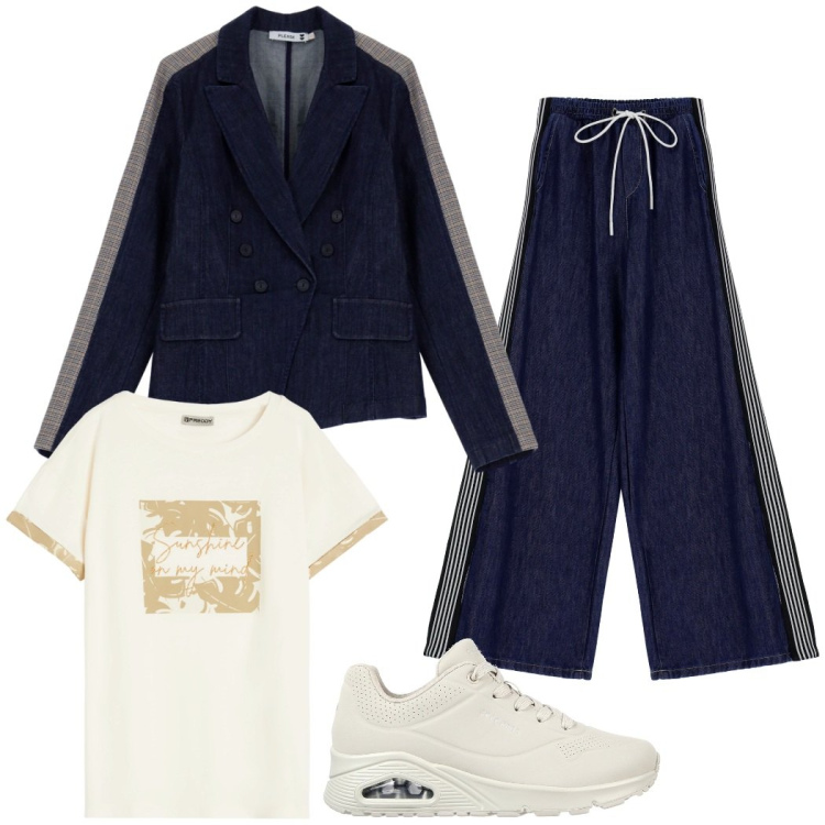 Outfit donna - Denim chic. Stile Sporty chic per Tutti i giorni. Abbinamento con pantaloni, blazer, t-shirt, sneakers.
