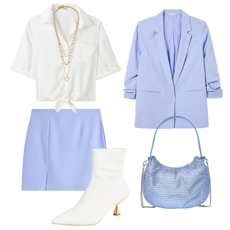 Outfit donna - San Valentino pastello. Stile Glamour per Serata fuori. Abbinamento con minigonne, stivaletti, blazer, camicie a manica corta, collane, borse a spalla.
