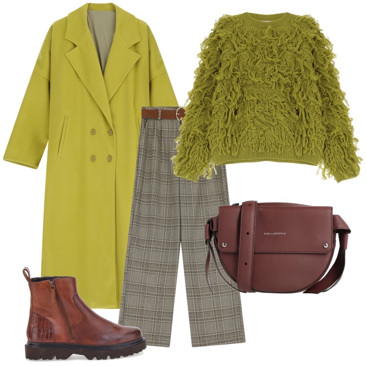 Outfit donna - Total look #2051069. Stile Preppy per Scuola/Università. Abbinamento con borse a tracolla, cappotti, maglieria, pantaloni, stivaletti.
