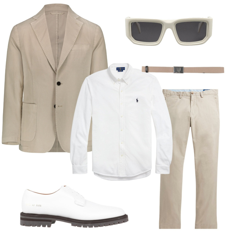 Outfit uomo - Tonalità neutre e sofisticate. Stile Trendy per Serata speciale. Abbinamento con cinture, scarpe stringate, occhiali da sole, pantaloni, camicie, giacche.