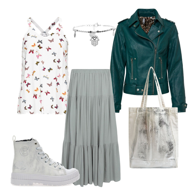 Outfit donna - Boho spring. Stile Boho per Tutti i giorni. Abbinamento con top, blazer, shopping bag, gonne lunghe, braccialetti, stivaletti.