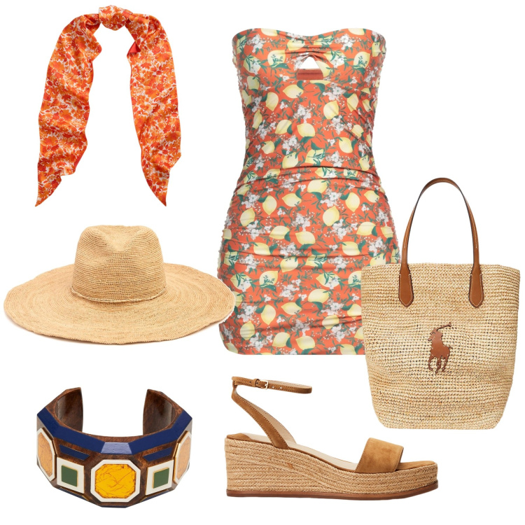 Outfit donna - Paglia. Stile Boho per Tutti i giorni. Abbinamento con braccialetti, vestiti corti, borse tote, espadrillas, sciarpe, cappelli.