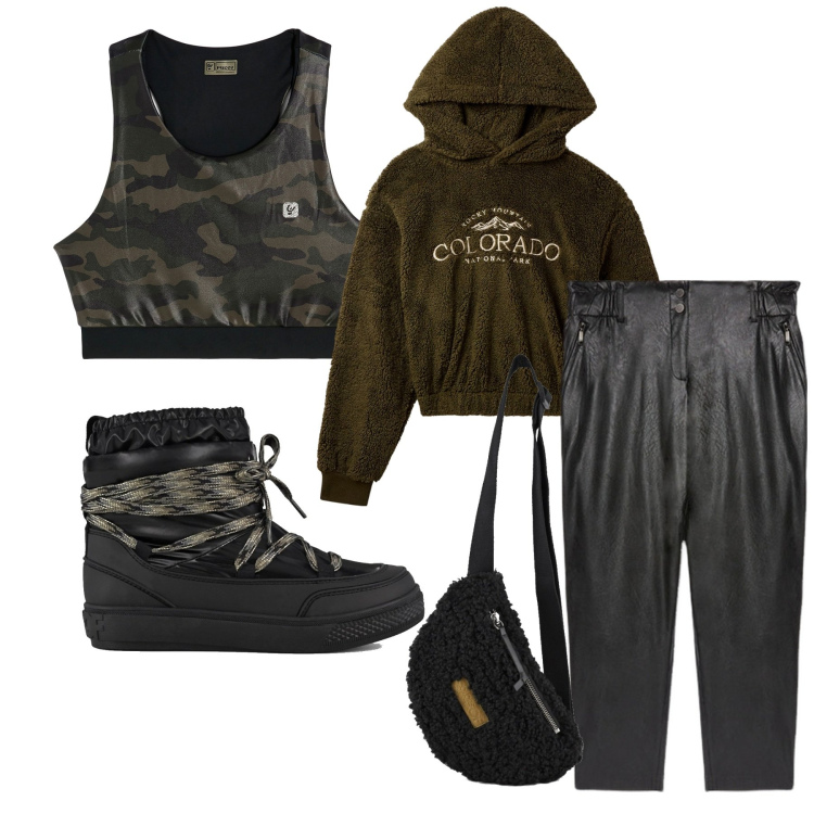 Outfit donna - Military. Stile Military per Tutti i giorni. Abbinamento con felpe con cappuccio, reggiseni, stivaletti, marsupi, pantaloni.