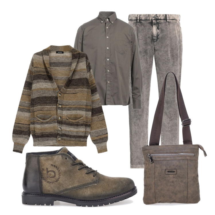 Outfit uomo - Mélange. Stile Casual per Ufficio. Abbinamento con camicie, pantaloni chino, cardigans, scarpe stringate, portafogli.