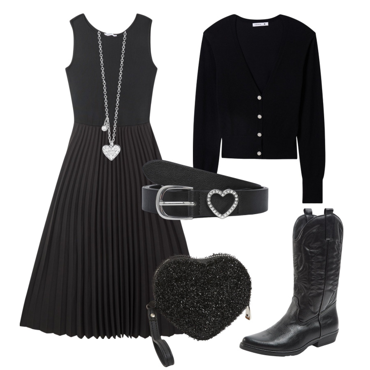 Outfit donna - Cuori Terranova. Stile Chic per Serata fuori. Abbinamento con collane, portafogli, vestiti lunghi, cardigans, stivali, cinture.