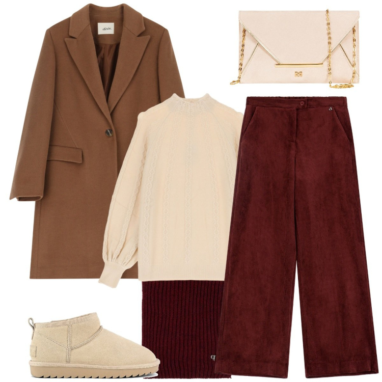 Outfit donna - Mocha Mousse. Stile Urban per Tutti i giorni. Abbinamento con pochette, pantaloni, maglieria, cappotti, sciarpe, stivali.