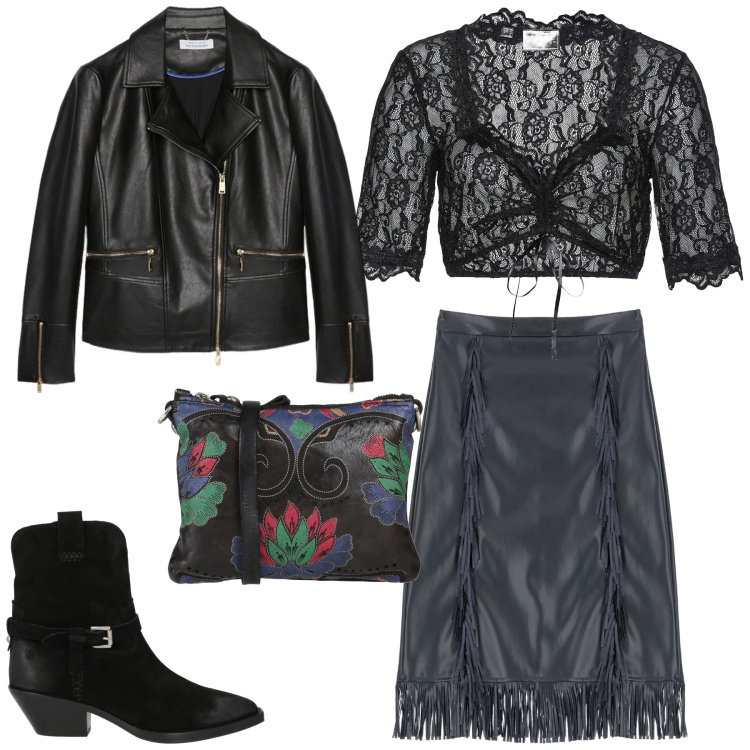 Outfit donna - Boho biker. Stile Boho per Serata fuori. Abbinamento con stivaletti texani, borse a tracolla, camicie, gonne longuette, blazer.