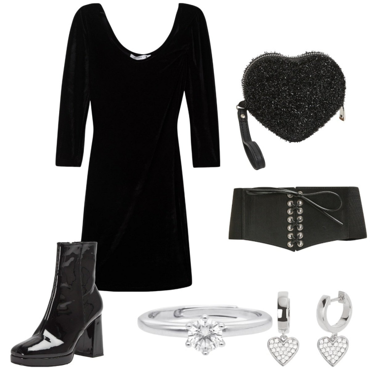 Outfit donna - Terranova - San Valentino. Stile Glamour per Serata fuori. Abbinamento con cinture, vestiti lunghi, portafogli, stivaletti, orecchini, anelli.