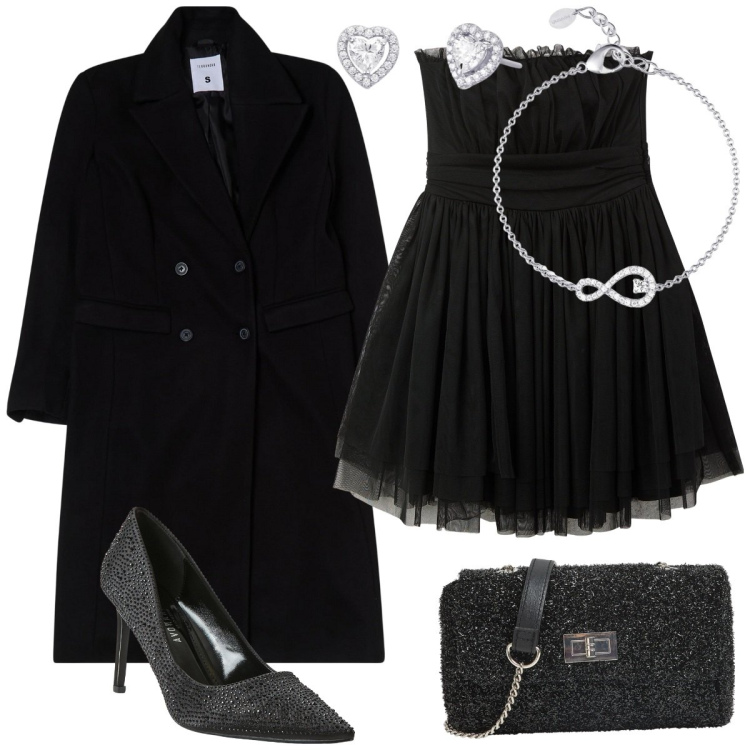 Outfit donna - Terranova - San Valentino. Stile Glamour per Serata fuori. Abbinamento con vestiti corti, décolleté, borse a tracolla, cappotti, braccialetti, orecchini.