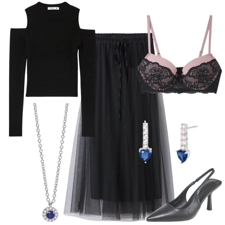 Outfit donna - Terranova San Valentino. Stile Romantica per Serata fuori. Abbinamento con collane, orecchini, maglieria, reggiseni push-up, gonne lunghe, décolleté.