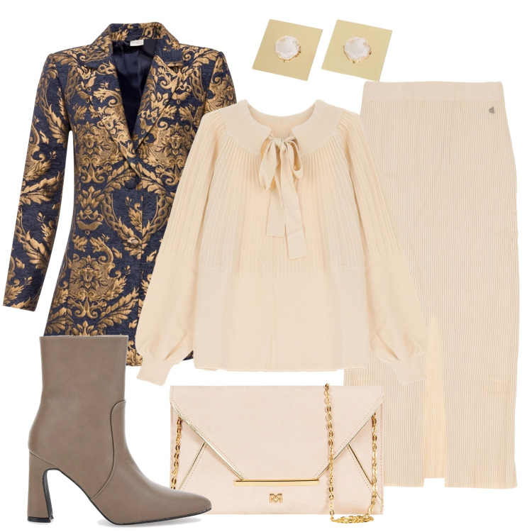 Outfit donna - Vintage moderno. Stile Chic per Tutti i giorni. Abbinamento con cappotti, pochette, gonne lunghe, pullovers, orecchini, stivaletti.