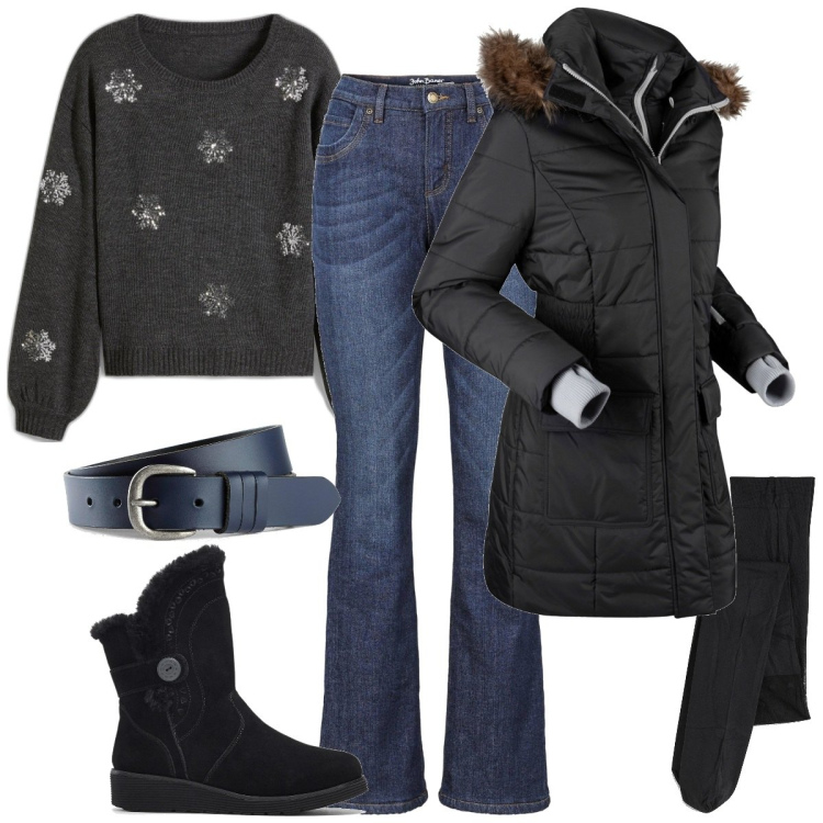 Outfit donna - Essenziali per la primavera. Stile Basic per Tutti i giorni. Abbinamento con cappotti, jeans bootcut, cinture, stivali, maglieria, calzini.