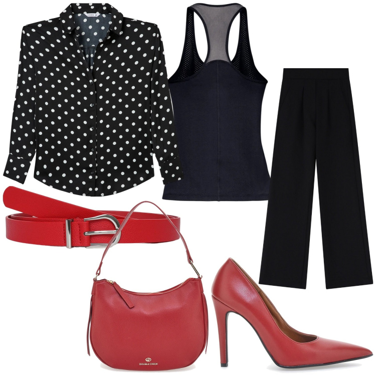 Outfit donna - Pois bianchi per la sera. Stile Glamour per Serata fuori. Abbinamento con cinture, camicie, pantaloni, canottiere, décolleté, borse a tracolla.