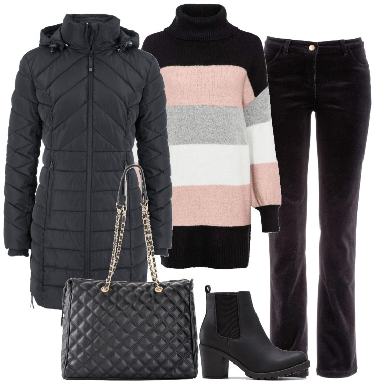 Outfit donna - Focus on essentials. Stile Basic per Tutti i giorni. Abbinamento con shopping bag, blazer, stivaletti, maglieria, pantaloni.