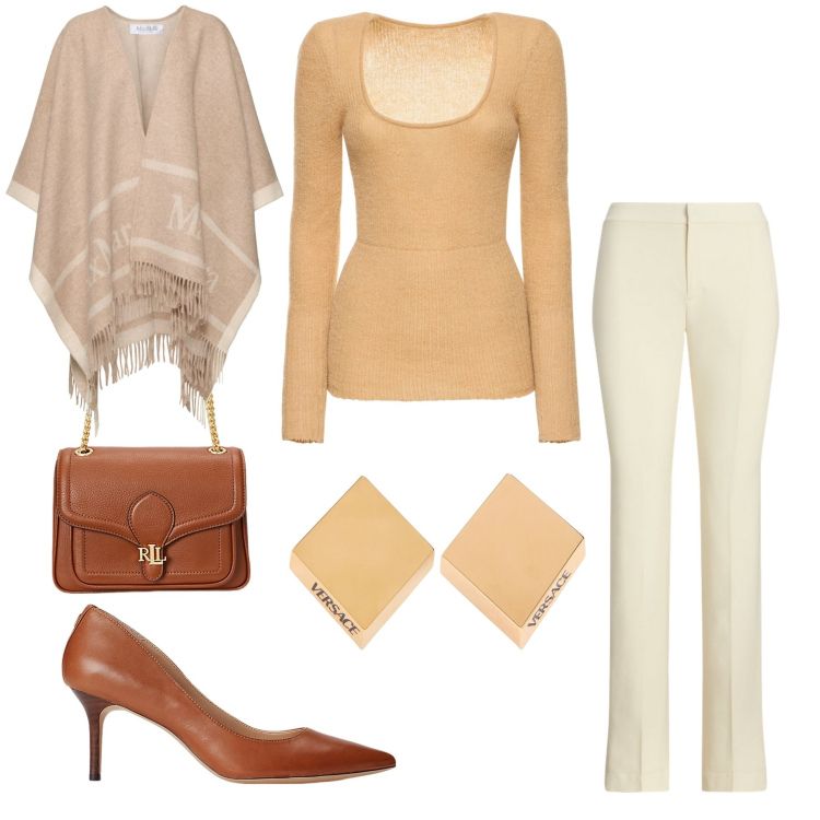 Outfit donna - Chic ufficio. Stile Chic per Ufficio. Abbinamento con borse a spalla, pantaloni, décolleté, maglieria, cappotti, orecchini.