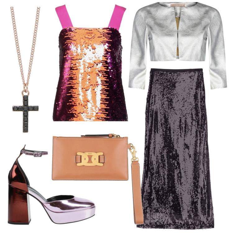 Outfit donna - Glamour. Stile Glamour per Serata fuori. Abbinamento con top, pochette, décolleté, collane, bolero, gonne lunghe.
