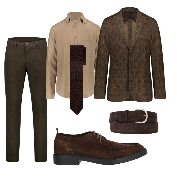 Outfit uomo - Tono su tono in ufficio. Stile Business/Elegante per Ufficio. Abbinamento con scarpe stringate, giacche, pantaloni chino, camicie, cinture, cravatte.