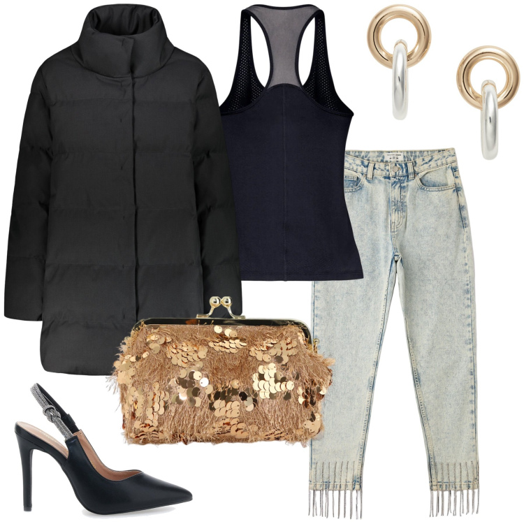 Outfit donna - Carnevale in jeans glamour. Stile Glamour per Serata fuori. Abbinamento con jeans mom, borse a spalla, orecchini, décolleté, piumini, canottiere.