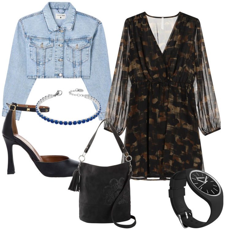 Outfit donna - Il giubbino jeans anni novanta. Stile Vintage retrò per Serata fuori. Abbinamento con borse a mano, blazer, vestiti corti, décolleté, orologi, braccialetti.