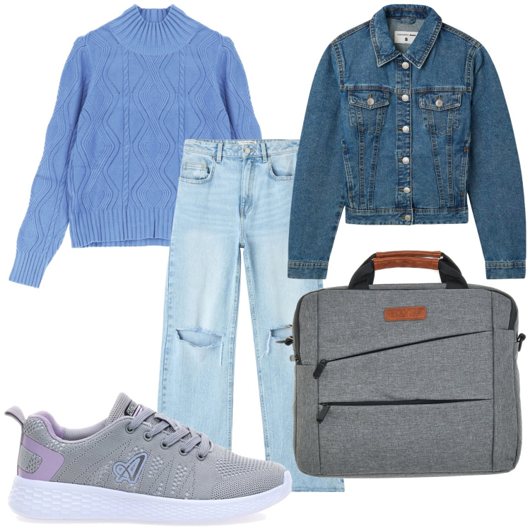 Outfit donna - Commissioni in jeans. Stile Casual per Tutti i giorni. Abbinamento con jeans strappati, blazer, maglieria, sneakers, borse a mano.