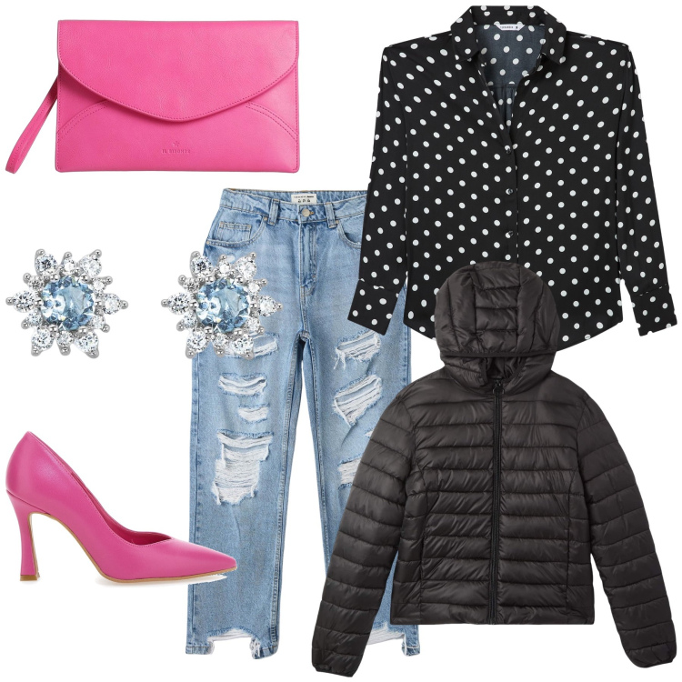 Outfit donna - Jeans used look bon ton. Stile Glamour per Serata fuori. Abbinamento con borse a mano, camicie, jeans dritti, piumini, orecchini, décolleté.