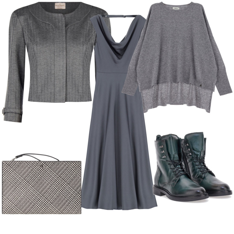 Outfit donna - Ufficio in grigio. Stile Trendy per Ufficio. Abbinamento con blazer, vestiti asimmetrici, pullovers, pochette, anfibi.
