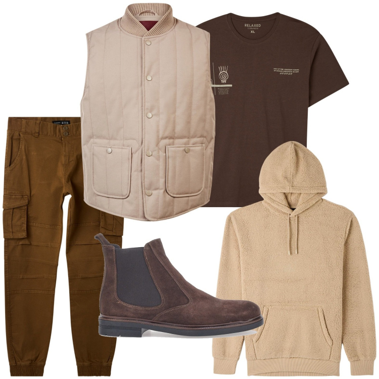 Outfit uomo - Stile utility. Stile Urban per Ufficio. Abbinamento con felpe con cappuccio, pantaloni cargo, t-shirt, stivali e stivaletti, piumini.