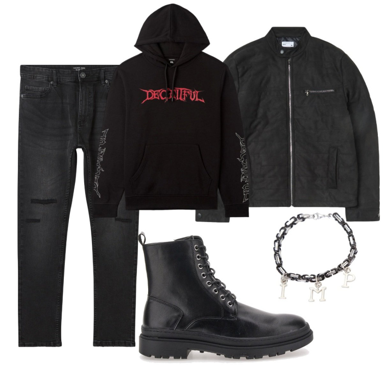 Outfit uomo - Biker Rock. Stile Biker Rock per Tutti i giorni. Abbinamento con jeans strappati, felpe con cappuccio, giacche, braccialetti, anfibi.