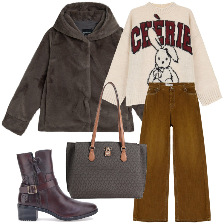 Outfit donna - Ultimi saldi. Stile Urban per Tutti i giorni. Abbinamento con borse a spalla, pantaloni, blazer, maglieria, stivaletti texani.