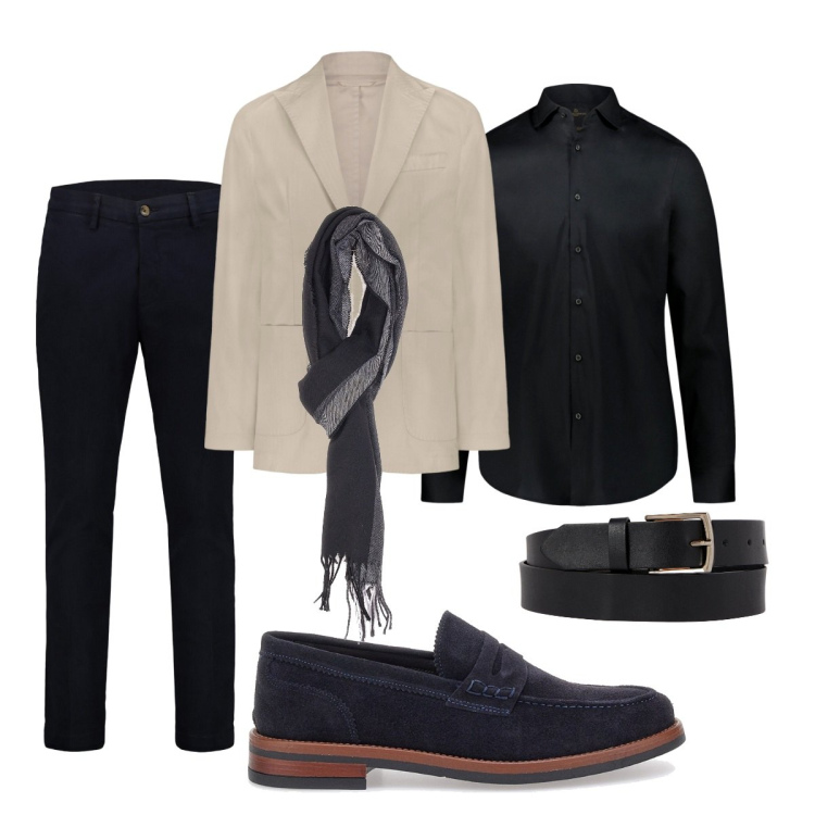 Outfit uomo - Total look #2051175. Stile Trendy per Ufficio. Abbinamento con camicie, sciarpe, pantaloni chino, giacche, cinture, scarpe stringate.