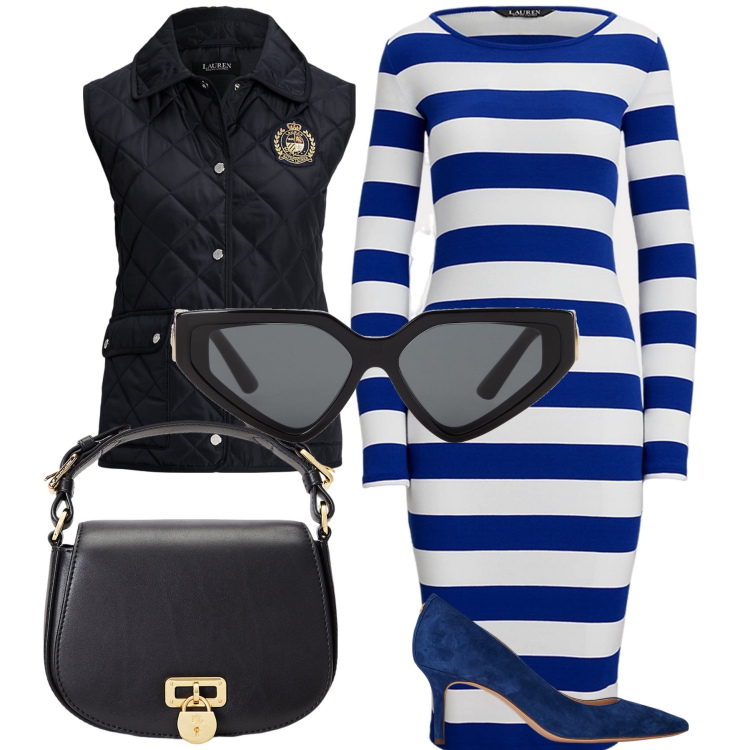 Outfit donna - Primavera. Stile Chic per Ufficio. Abbinamento con occhiali da sole, borse a tracolla, vestiti, décolleté, piumini.
