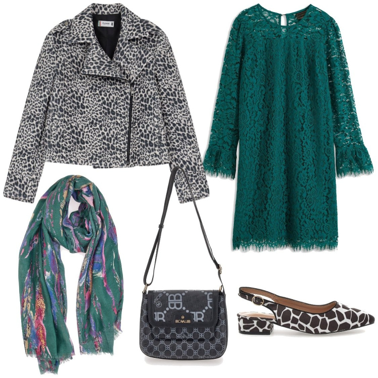 Outfit donna - Verde animalier per attirare gli sguardi. Stile Casual chic per Tutti i giorni. Abbinamento con vestiti, blazer, foulard, ballerine, borse a tracolla.