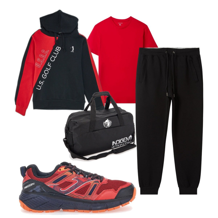 Outfit uomo - Sport con stile. Stile Casual per Sport. Abbinamento con pantaloni, t-shirt, borse sportive, scarpe sportive, felpe con cappuccio.