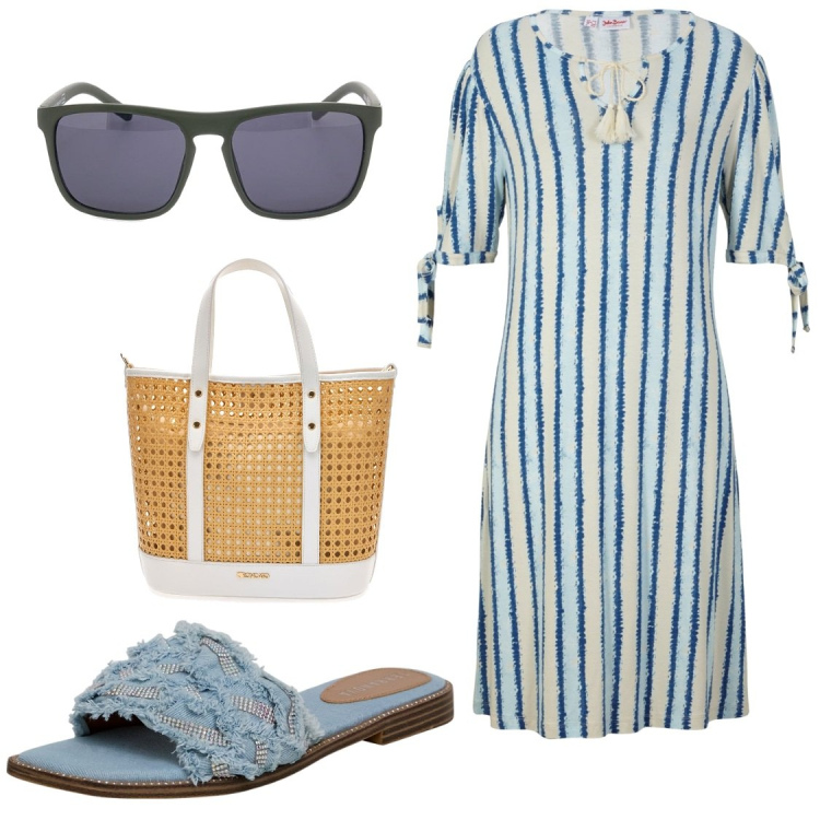 Outfit donna - Vado ai caraibi. Stile Basic per Mare. Abbinamento con vestiti, ciabatte, borse a spalla, occhiali da sole.