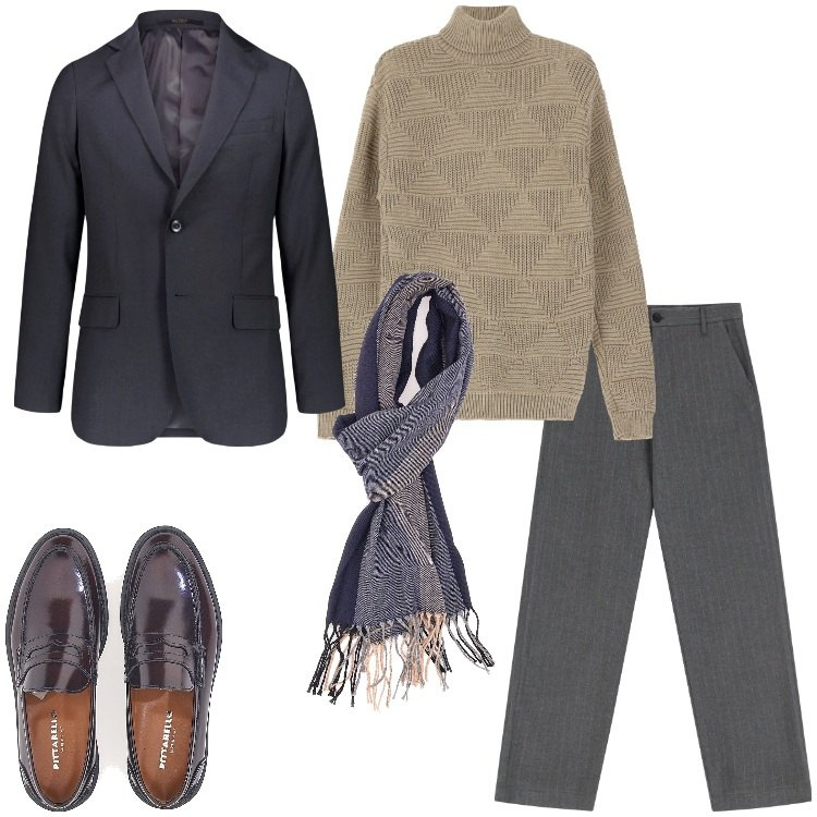 Outfit uomo - Tonalità neutre e sofisticate. Stile Casual per Serata speciale. Abbinamento con pantaloni, maglieria, sciarpe, scarpe stringate, giacche.