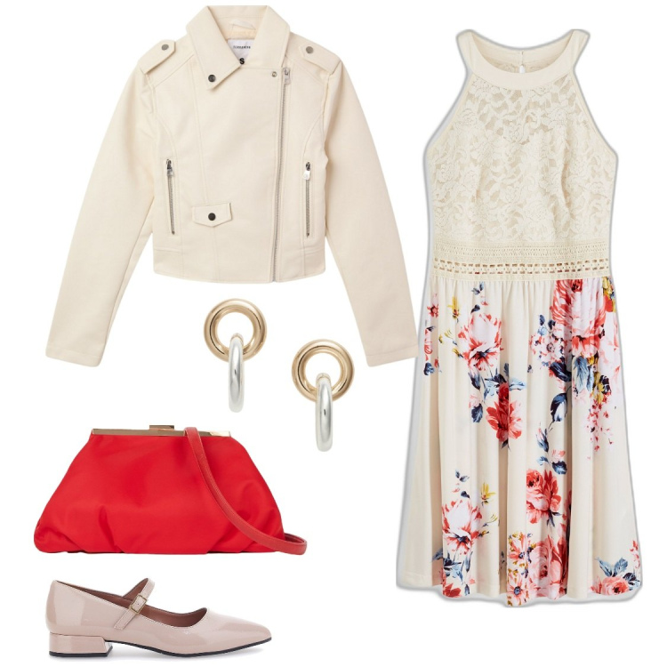 Outfit donna - Fiore rosso. Stile Casual chic per Serata fuori. Abbinamento con vestiti, giacche, orecchini, ballerine, pochette.