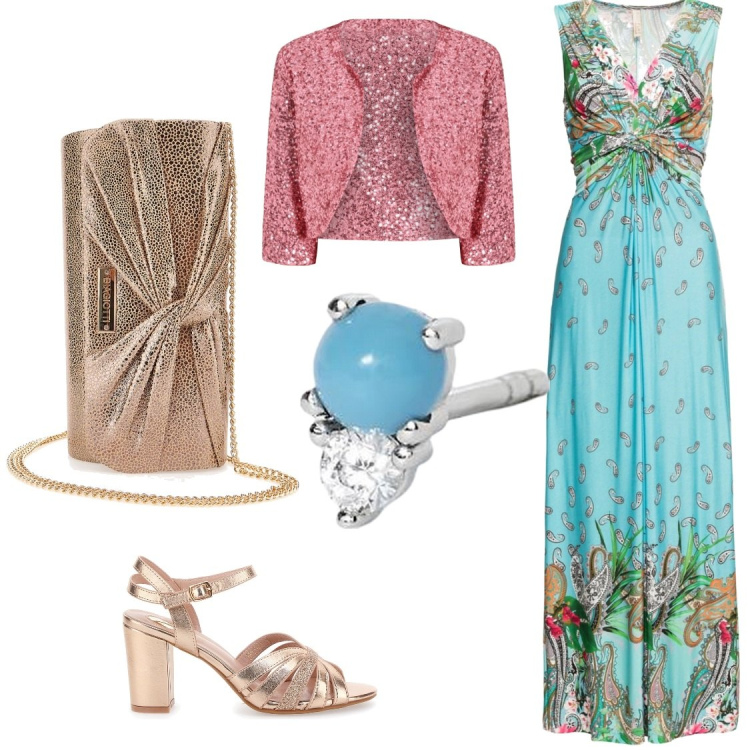 Outfit donna - Festa hawaiana. Stile Chic per Serata fuori. Abbinamento con vestiti lunghi, orecchini, blazer, pochette, sandali col tacco.