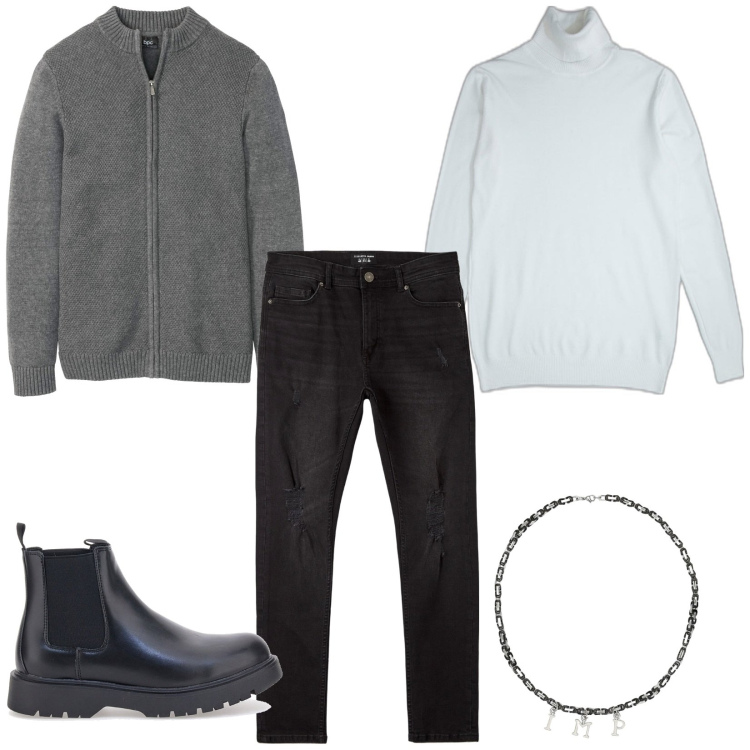 Outfit uomo - Cardigan e dolcevita. Stile Casual per Tutti i giorni. Abbinamento con cardigans, jeans strappati, collane, pullovers, stivali e stivaletti.