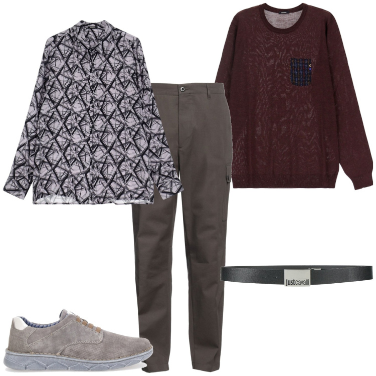 Outfit uomo - Sabato a cena. Stile Trendy per Serata speciale. Abbinamento con pantaloni cargo, cinture, camicie, maglieria, scarpe stringate.