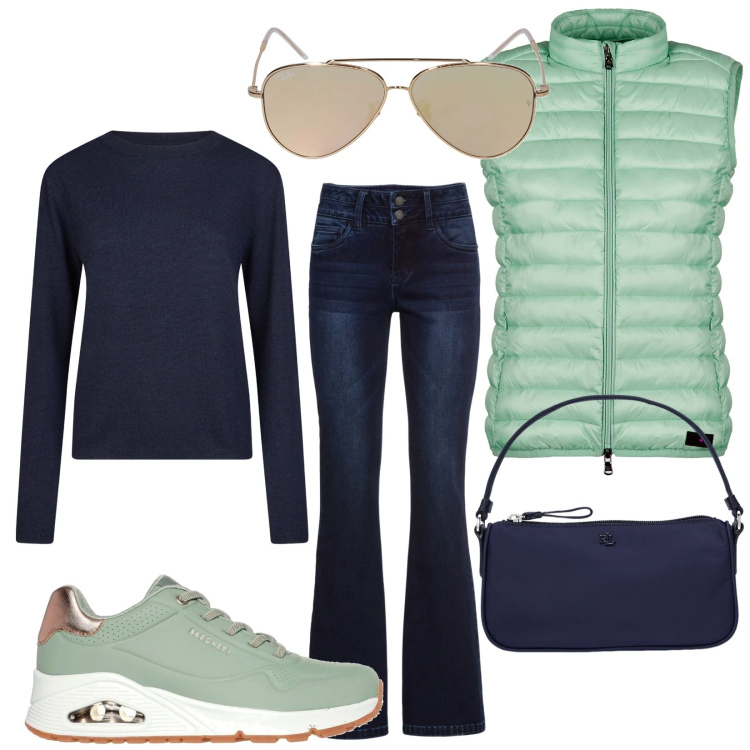 Outfit donna - Total look #2051199. Stile Urban per Tutti i giorni. Abbinamento con jeans bootcut, pochette, piumini, sneakers, maglieria, occhiali da sole.