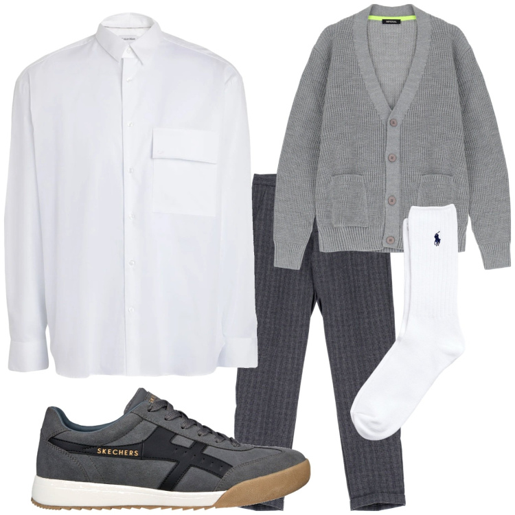 Outfit uomo - La Camicia Bianca. Stile Trendy per Tutti i giorni. Abbinamento con camicie, cardigans, pantaloni, calzini, sneakers.