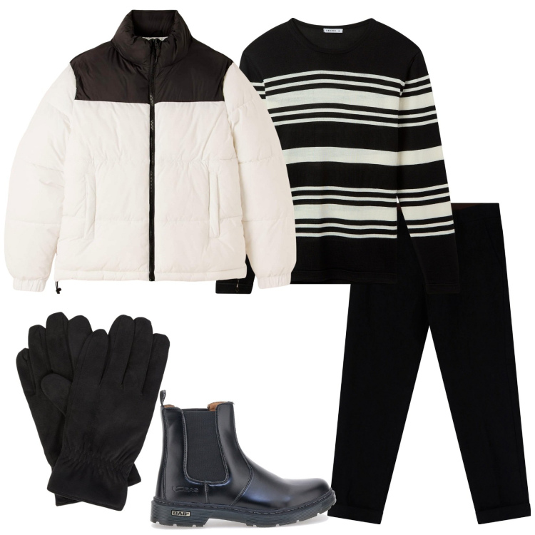 Outfit uomo - Nero e bianco. Stile Casual per Tutti i giorni. Abbinamento con maglieria, piumini, pantaloni chino, stivali e stivaletti, guanti.