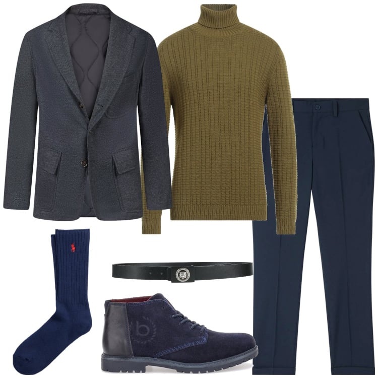 Outfit uomo - Giacca e dolcevita. Stile Trendy per Serata speciale. Abbinamento con cinture, maglieria, pantaloni chino, calzini, giacche, scarpe stringate.