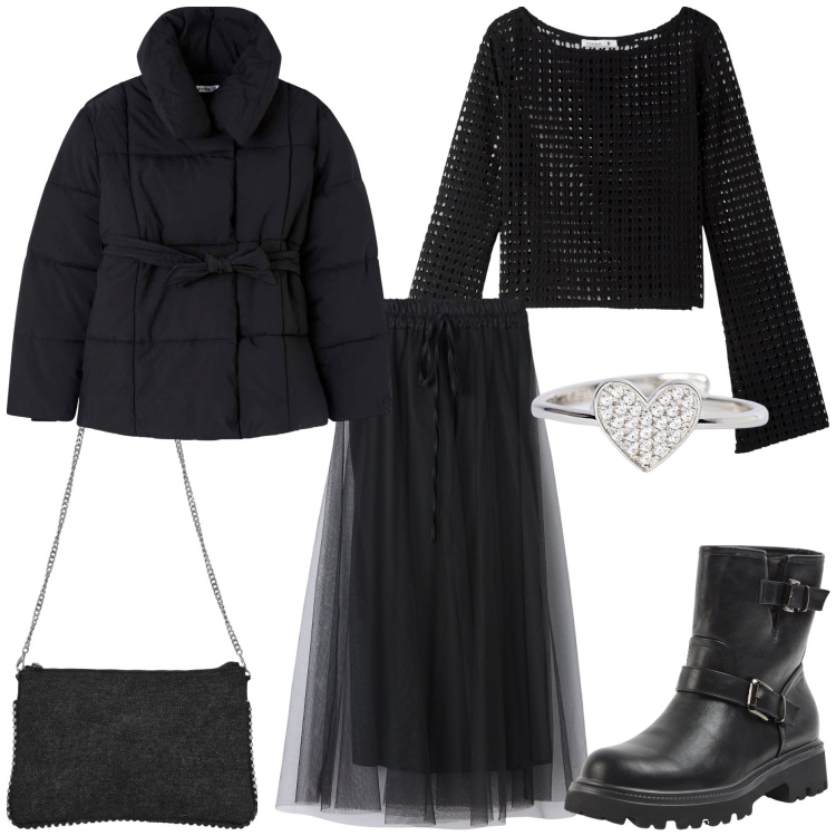 Outfit donna - Terranova -San Valentino trendy. Stile Trendy per Tutti i giorni. Abbinamento con maglieria, gonne lunghe, piumini, stivaletti, borse a tracolla, anelli.