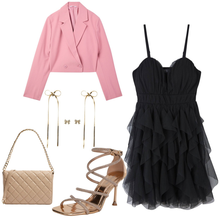 Outfit donna - Terranova San Valentino. Stile Bon Ton per Serata fuori. Abbinamento con sandali col tacco, blazer, vestiti corti, orecchini, borse a tracolla.