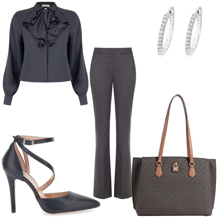 Outfit donna - Al lavoro. Stile Chic per Ufficio. Abbinamento con borse a spalla, orecchini, camicie, pantaloni, décolleté.
