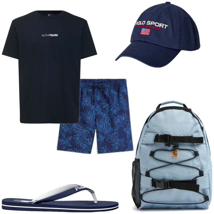 Outfit uomo - Pantaloncini da mare. Stile Casual per Mare. Abbinamento con pantaloni corti, sandali, berretti, borse sportive, t-shirt.