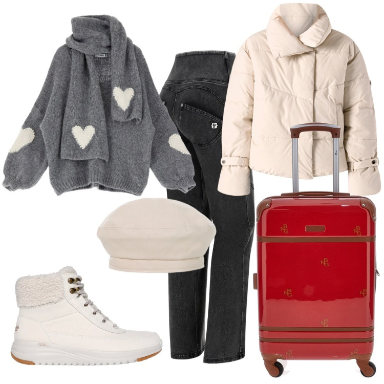 Outfit donna - In partenza. Stile Casual chic per Tutti i giorni. Abbinamento con piumini, maglieria, jeans, cappelli e berretti, stivaletti, valigie.