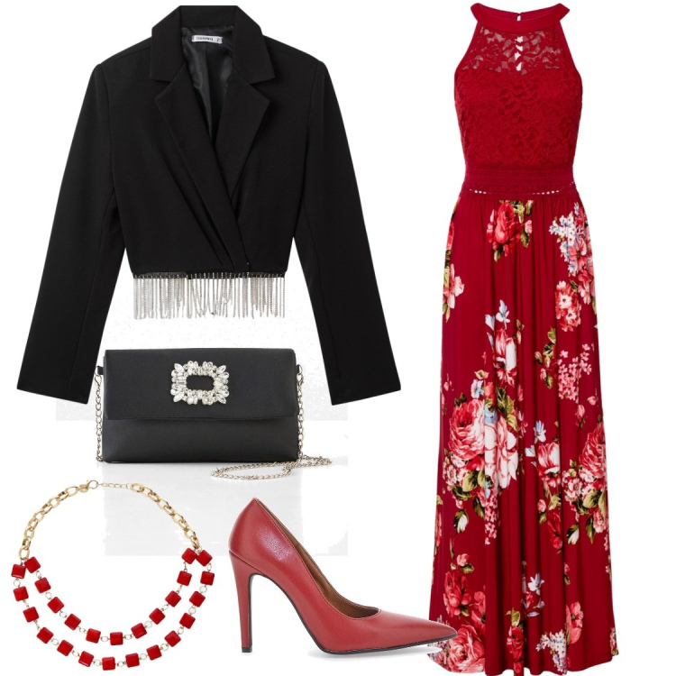 Outfit donna - Serata fuoco. Stile Chic per Cerimonia. Abbinamento con vestiti lunghi, borse a tracolla, blazer, collane, décolleté.