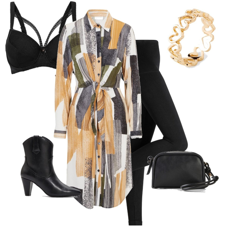 Outfit donna - Il camicione a fantasia. Stile Trendy per Tutti i giorni. Abbinamento con leggings, vestiti chemisier, reggiseni, anelli, stivaletti texani, borse a tracolla.